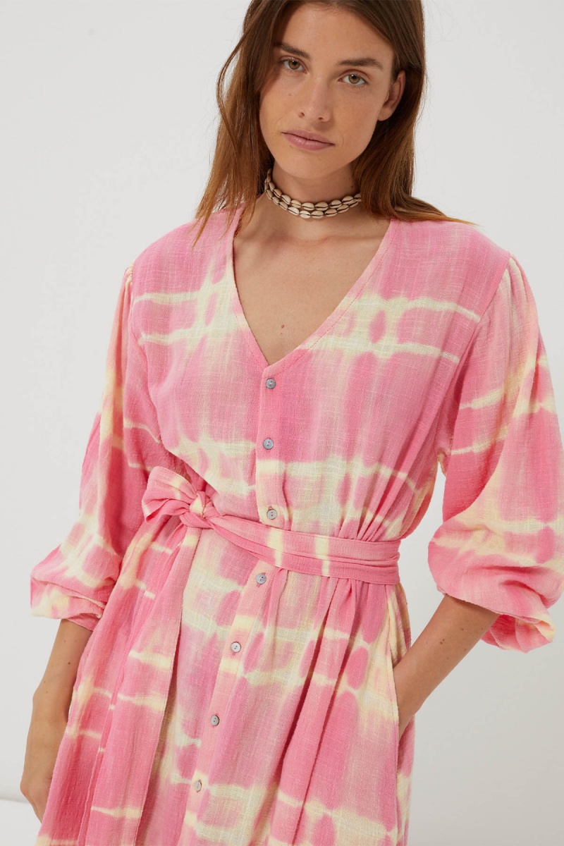 SANDORA robe longue coton en tie&dye rose, manches longues et